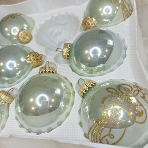 VTG 7 Set Krebs Blown Glass Christmas Mint Green Gold Decorated Ornaments Boxed